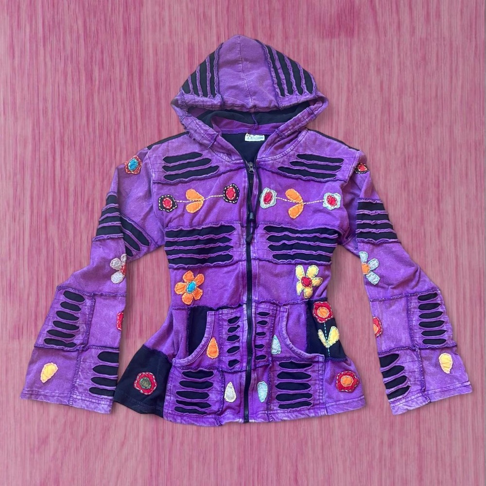 purple 2000s patchwork boho zip up hoodie with flared sleeves